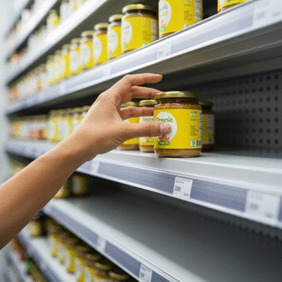 Parent selecting organic baby food from a supermarket shelf, clean image