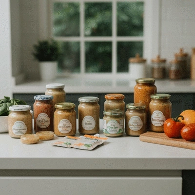 Variety of baby food jars and pouches on a clean kitchen counter, no text, no words, no typography, clean image