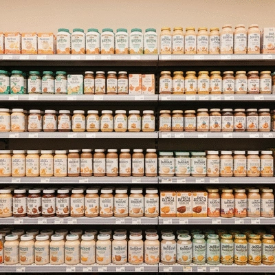 A brightly lit supermarket aisle with a wide variety of baby food products on shelves