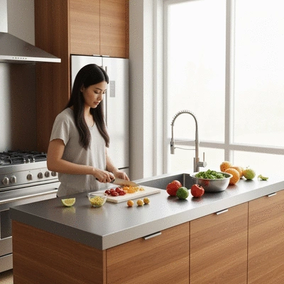 Parent preparing homemade baby food in a modern kitchen