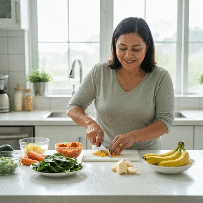 Parent preparing homemade baby food with fresh ingredients on a clean kitchen counter