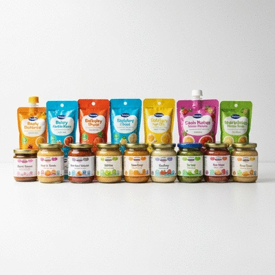 Assortment of colorful store-bought baby food pouches and jars on a clean surface