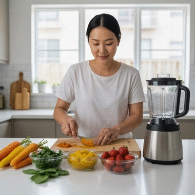 Parent preparing fresh homemade baby food with organic ingredients in a clean kitchen