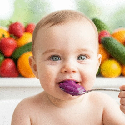 Happy baby eating a spoonful of puree, with various fruits and vegetables blurred in the background