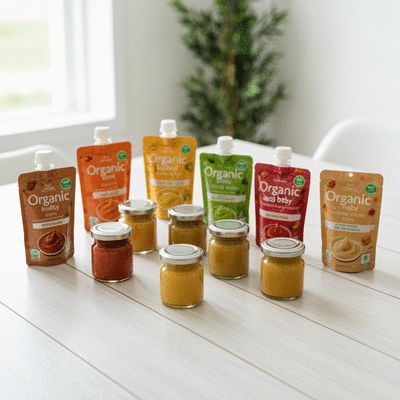 Variety of organic baby food pouches and jars on a clean wooden table, natural lighting