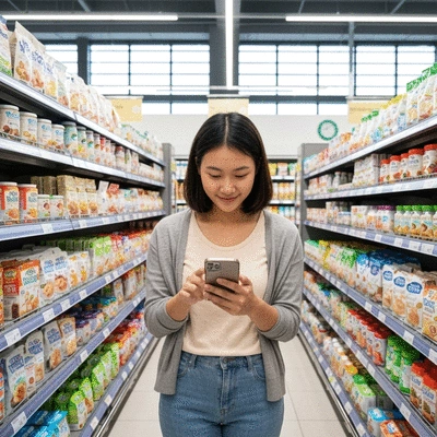 Parent comparing baby food prices on a smartphone in a supermarket aisle