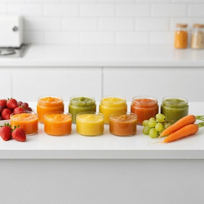 Assortment of baby food purees and fresh ingredients on a clean surface