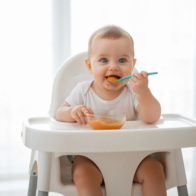 Happy baby eating pureed food from a spoon, natural lighting, clean background