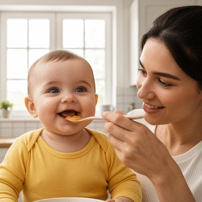 Baby eating pureed food from a spoon held by a parent