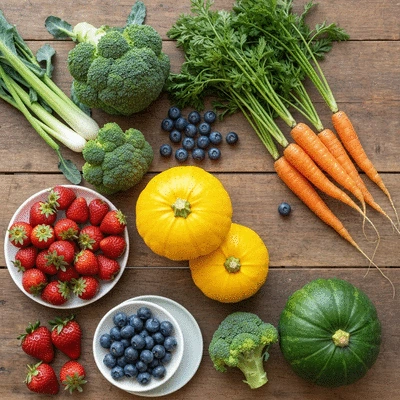 Variety of fresh organic fruits and vegetables on a rustic wooden table, overhead shot, vibrant colors, no text, no words, no typography