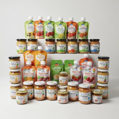 Assortment of colorful store-bought baby food pouches and jars
