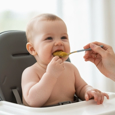 Happy baby eating organic pureed food from a spoon, clean background, natural light