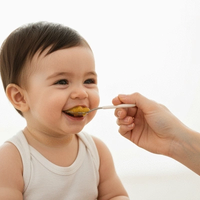 Happy baby eating pureed food from a spoon held by an adult hand