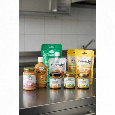 Various baby food pouches and jars neatly arranged on a kitchen counter, clean and organized