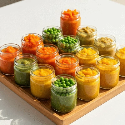 Assortment of vibrant homemade baby food purees in glass jars, organized on a wooden tray